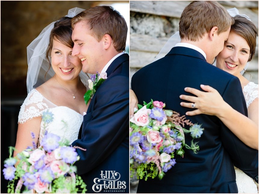 Rustic wedding photography of bride holding wildflower bouquet in a relaxed and natural pose