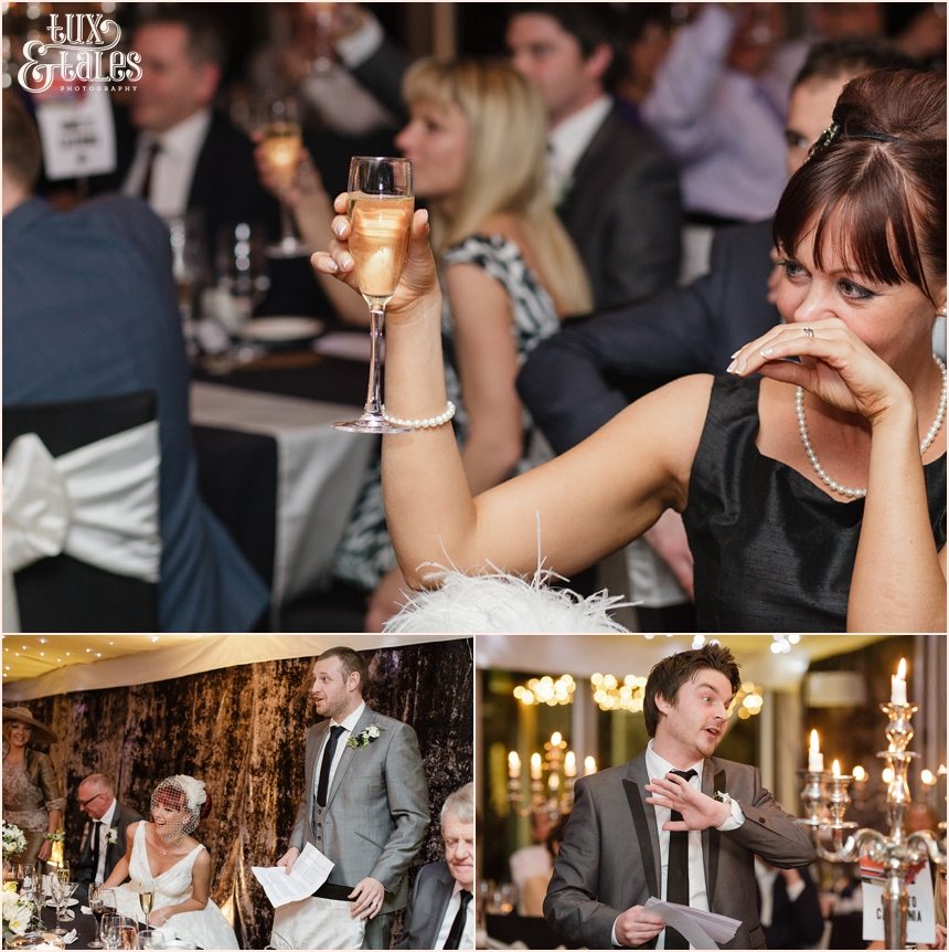 Smiling guests at wedding speeches at hogarths hotel