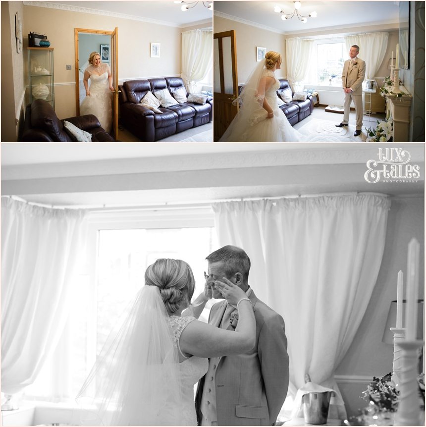 Father cries as he sees his daughter in her wedding dress at yorkshire wedding