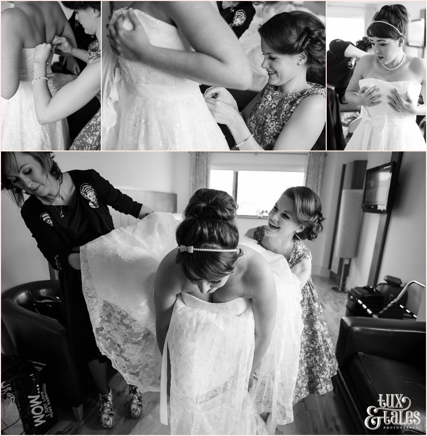 Bride gets into wedding dress hope street hotel liverpool wedding photography