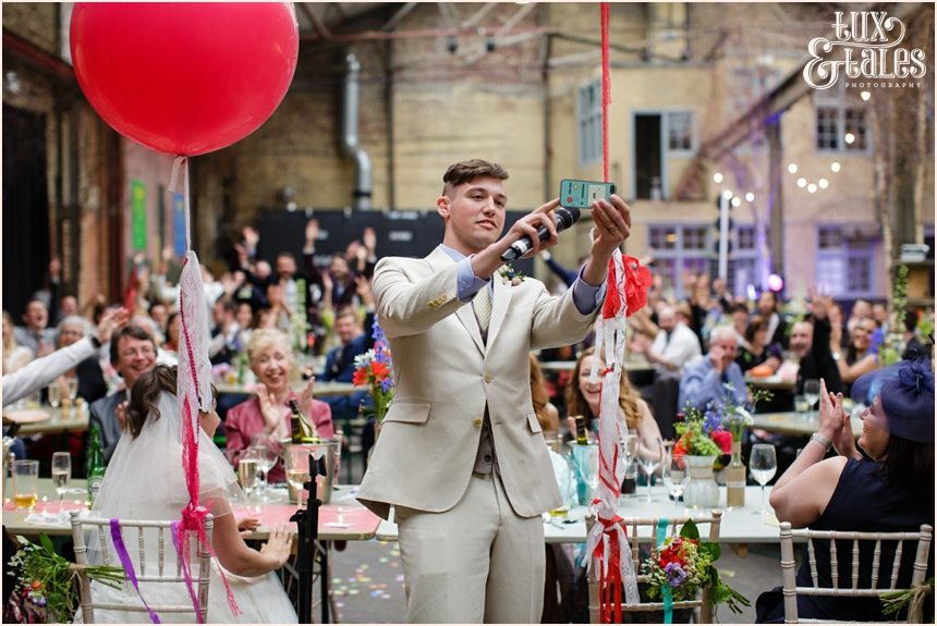 Wedding photographer at camp & frunace groom selfie Disney Up Themed