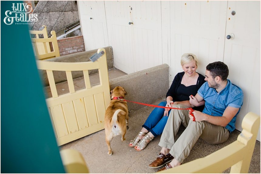 Engagement shoot at filey beach with dog puggle