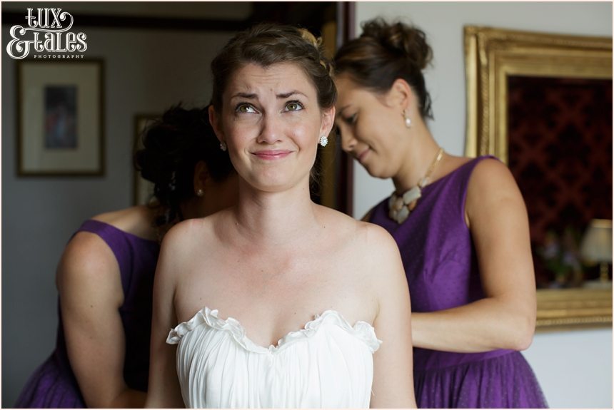 Broadoaks Wedding Photographer Windermere || Tux & Tales Photography || Bride Preparation getting into dress