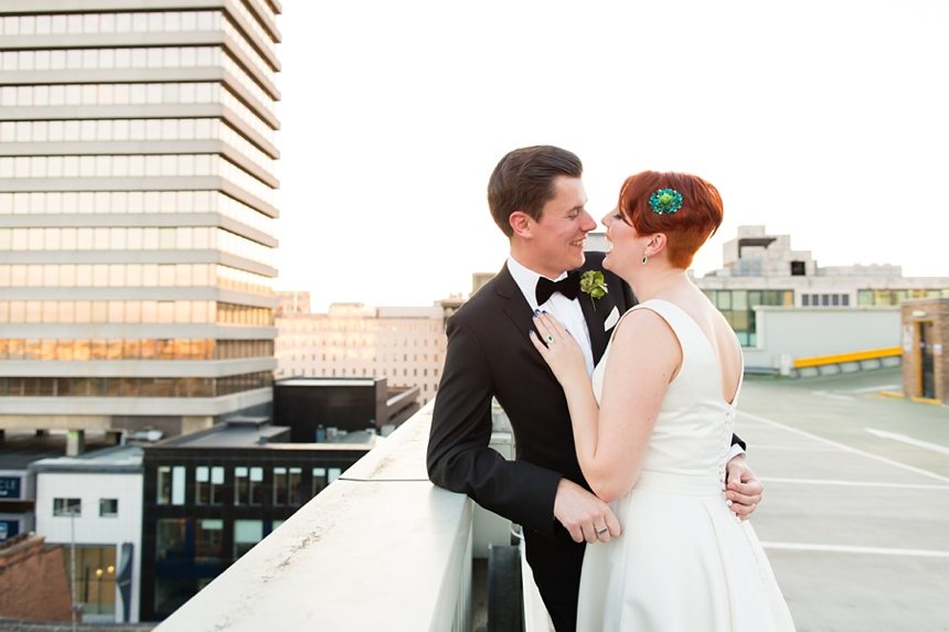 Leeds Club Wedding Photography Rooftop Portraits in Sunset