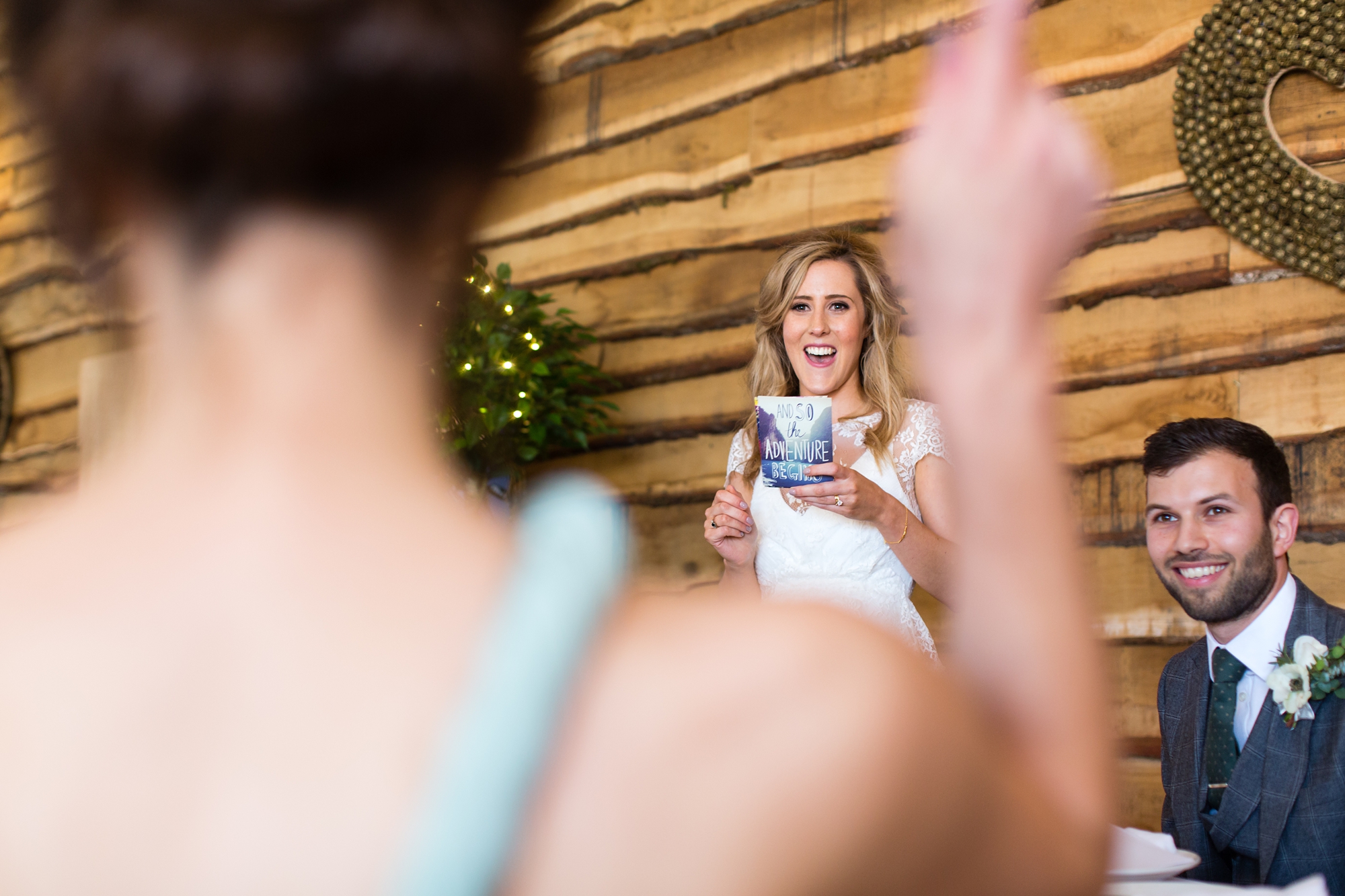 Bride points at cheering mum during speeches Best York Documentary Photography