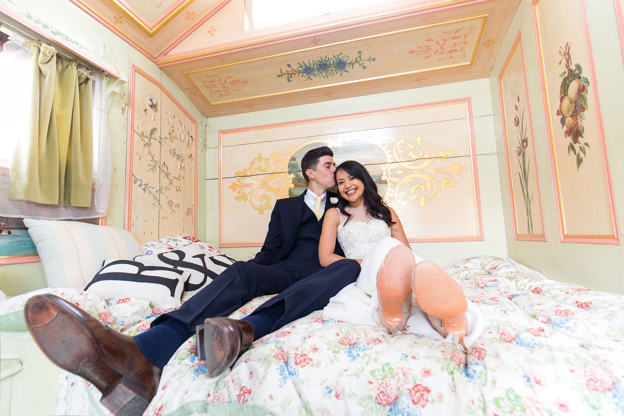 Preston Court Wedding Photography couples portraits inside gypsy van