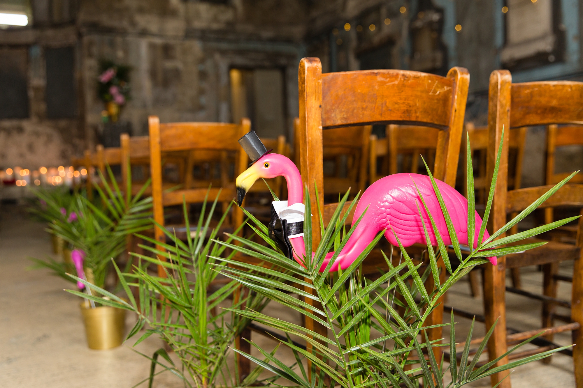 Plastic flamingo detail at Quirky and fun wedding at Asylum in London