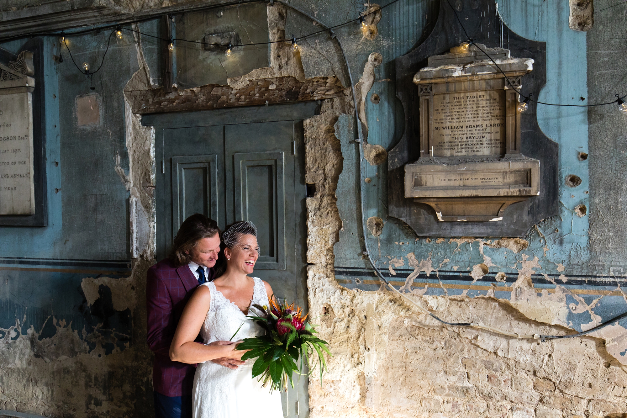 Fun and quirky wedding photography at the Asylum Chapel in London couple's portrait 