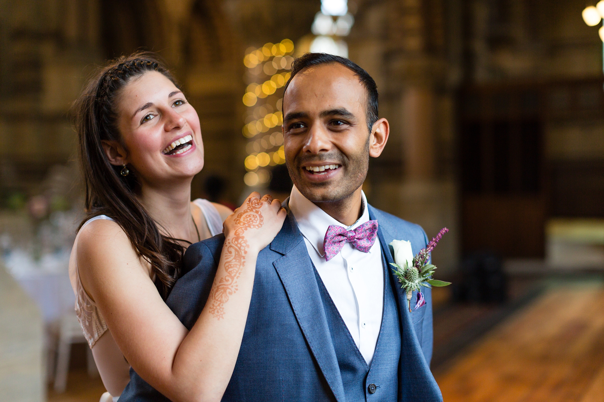 St Stephens Hampstead Heath Wedding Venue couple laughing and smiling in interior St Stephens Hampstead Heath Wedding Venue