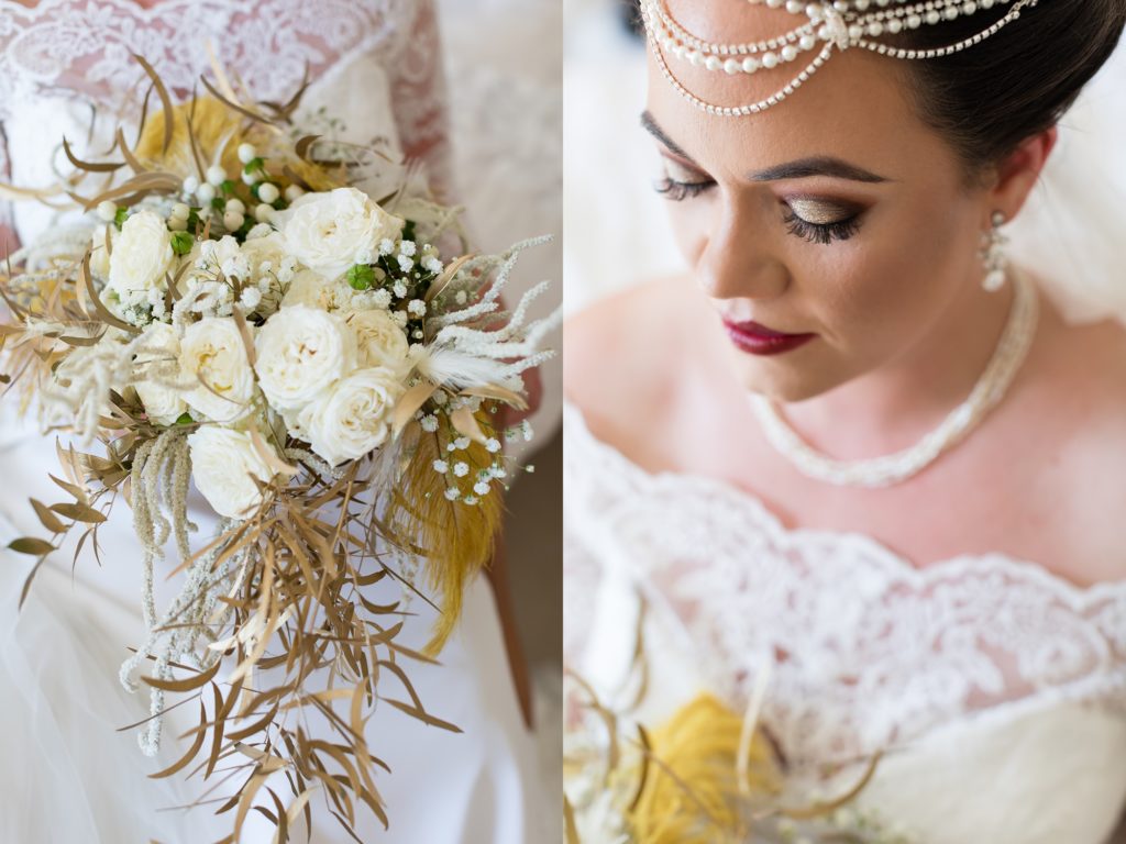 Close up details of art deco styled bride with makeup and bouquet. 